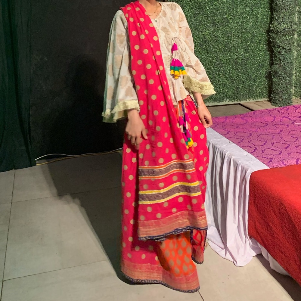 Rang Ja Red Stitched Saree with Angrakhaa White Top Cotton Flowy Mehndi
